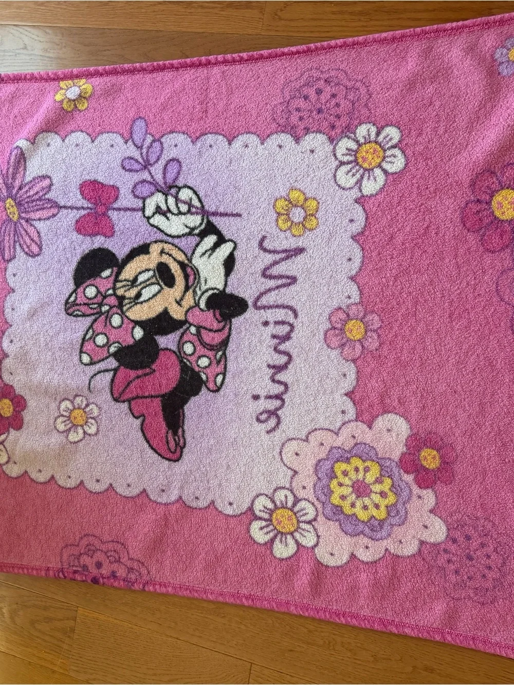 Disney Baby Pink Minnie Mouse Flower Blanket Purple Satin Top Trim Big 38x50